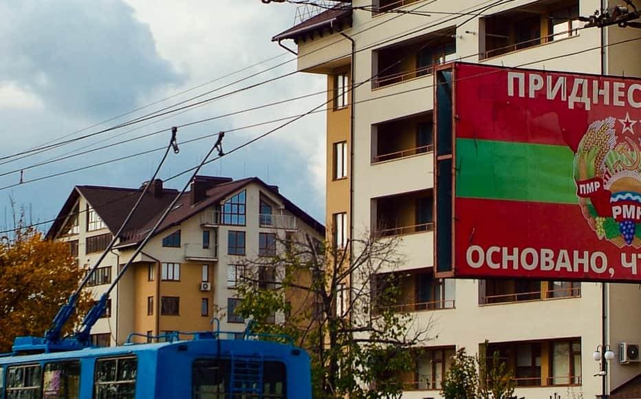 A billboard reads Transnistria is Founded to Live on the flag of the breakaway republic, the only one in the world that still bears the hammer and sickle insignia. The banner marks the 30th anniversary of the de facto authorities’ declaration of independence, on September 2, 1990. A billboard reads Transnistria is Founded to Live on the flag of the breakaway republic, the only one in the world that still bears the hammer and sickle insignia. The banner marks the 30th anniversary of the de facto authorities’ declaration of independence, on September 2, 1990.