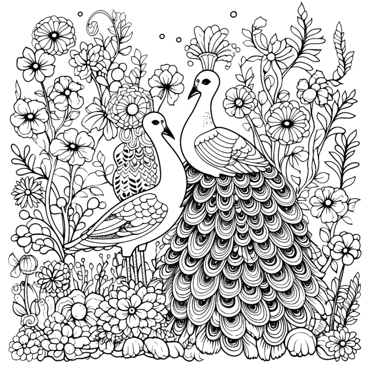 Ausmalbild Pfauen und Blumen